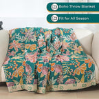 Boho Throw Blankets Reversible Luxurious Cotton Bed Throws with Vintage Bohemian Design & Yellow/Green Lightwight Floral Decor Blanket, Perfect as Bed Sofa Quilt 80" x 90"