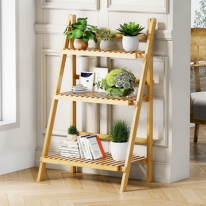 39.4" Foldable Plant Shelf Ladder Shelf, 3 Tier Bamboo Ladder Flower Pot Display Shelf, Freestanding Ladder Bookshelf for Garden, Balcony, Yard, Living Room, 23.6"W x 15"D x 39.4"H, Natural