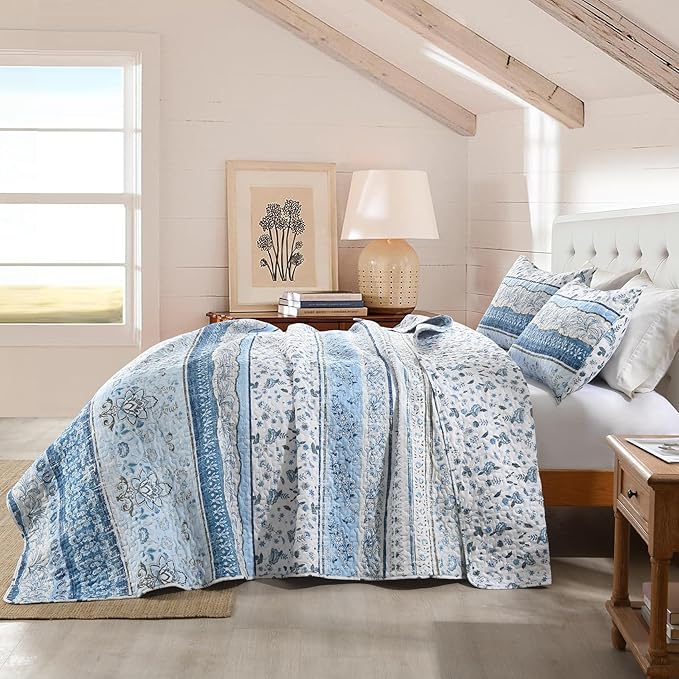 HORIMOTE HOME Boho Quilt King Size Blue Bohemian Floral Quilt Bedding Set, Soft Lightweight King Size Comforter Set for All Season, Farmhouse Bedspread Coverlet with 2 Pillow Shams, 106 x 96 inches