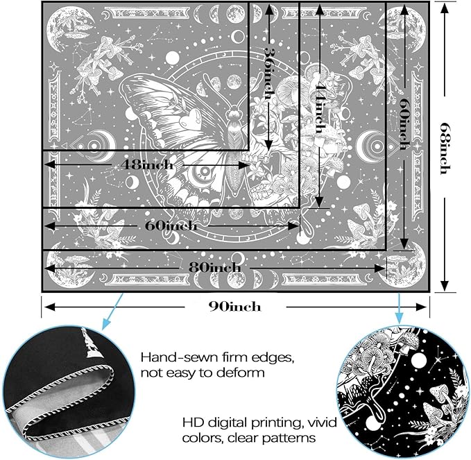 Skeleton Butterfly Tapestry Black and White Skull Mushroom Plants Tapestries Hippie Aesthetic Tapestry Wall Hanging for Bedroom Living Room Dorm (Black, 60” x 44”)