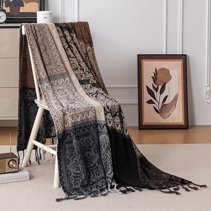 Boho Throw Blanket, Chenille Jacquard Tassels Throw Blankets for Bed Couch Soft Chair， Bohemian Fringe Tassels (Black, S:60x75)