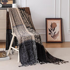 Boho Throw Blanket, Chenille Jacquard Tassels Throw Blankets for Bed Couch Soft Chair， Bohemian Fringe Tassels (Black, S:60x75)