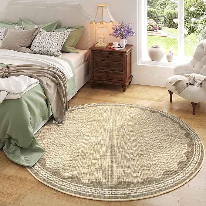 Scalloped Jute Print 4 ft Round Rug Washable Non-Slip Soft Ultra-Thin Small Circle Modern Cottage Core Solid Tan Carpet for Entryway Kitchen Bedroom Nursery Dining Room Tan