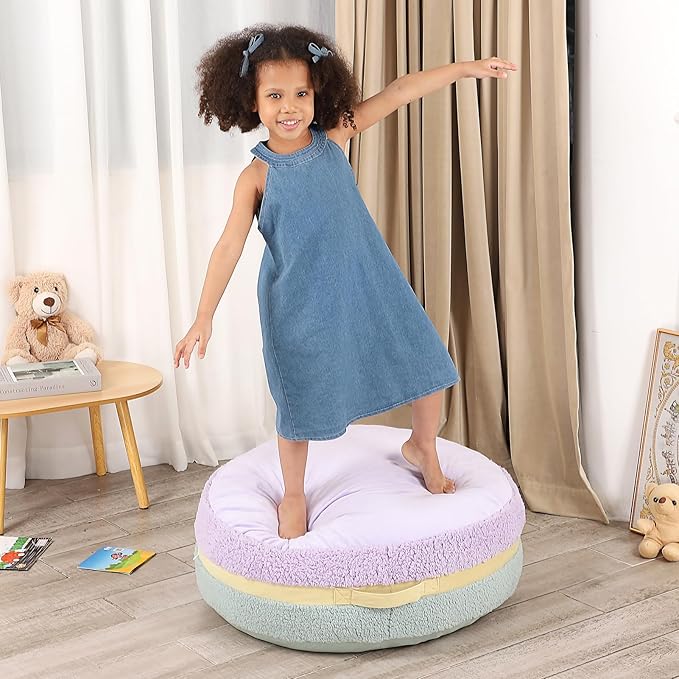 Macaron Bean Bag Chair for Kids and Teens, Comfy Sherpa Pouf Ottoman for Kids and Adult, 27.5"×27.5"×13.5", Purple and Green