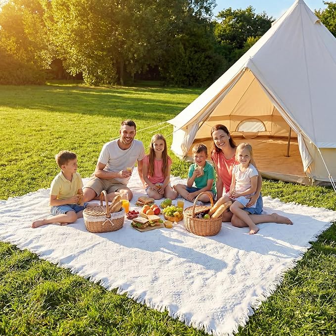 Frienda 70 x 120 Inch Extra Large White Outdoor Picnic Blanket Woven Cotton Yarn Blanket with Fringe and Leather Storage Strap Boho Decor for 8 to 12 Camping Lawn Wedding Photoshoot Beach Park Grass