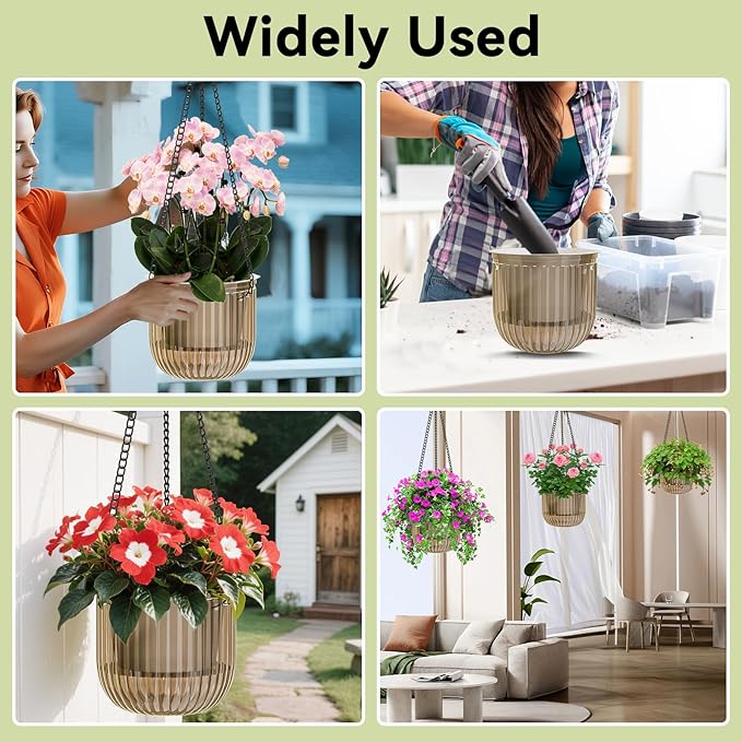 ZeeDix 3 Pack Self Watering Hanging Planters, 6.5 Inch Indoor Plant Pots with 3 Hooks Visible Water Level and Drainage for Home, Wall, Window Decor Outdoor Use(Starry Gray)