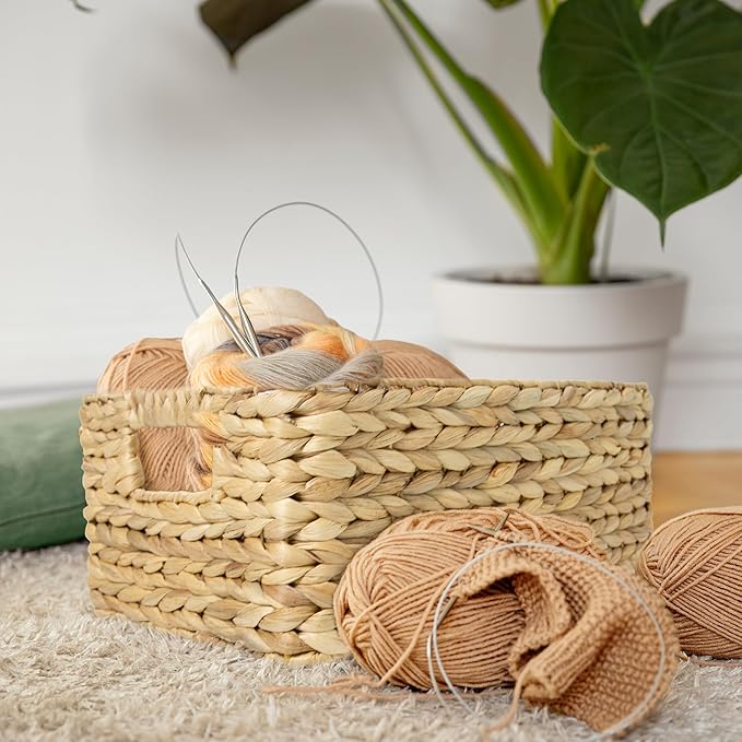 HOMESTEAD Water Hyacinth Storage Baskets, Long Narrow Rectangular Wicker Baskets for Bedroom, Living Room, Bathroom, Shelves - Set of 3