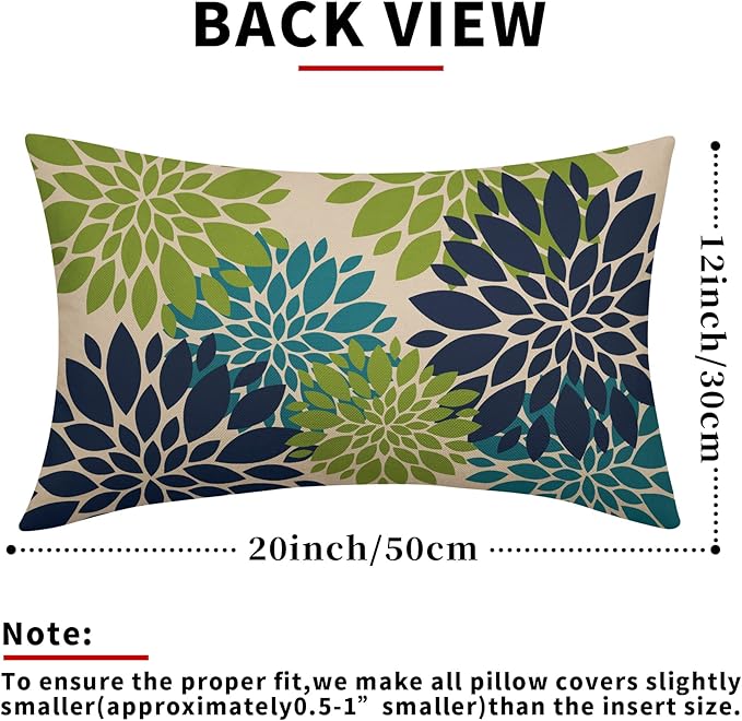 Navy Blue Green Teal Pillow Covers 12X20 Inch Set of 2, Modern Dahlia Floral Print Decorative Rectangle Throw Pillow Covers Outdoor Farmhouse Cushion Case for Home Couch Sofa Bed Decoration