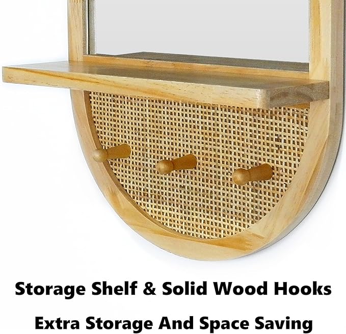 Wall Mirror with Hooks, 30x18 Inch Boho Wall Mirror with Removable Shelf, Oval Solid Wood Framed, Handmade Rattan Mirror Decor Accent for Entryway, Bathroom, Nursery, Bedroom, Living Room