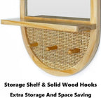 Wall Mirror with Hooks, 30x18 Inch Boho Wall Mirror with Removable Shelf, Oval Solid Wood Framed, Handmade Rattan Mirror Decor Accent for Entryway, Bathroom, Nursery, Bedroom, Living Room