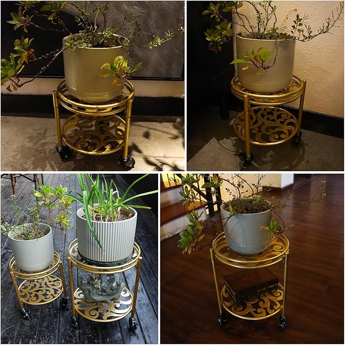 2 Tier Rolling Plant Stand with Wheels, Mid Century Modern Metal Stand for Planters, 2 Sizes 9 Inch & 11 Inch, Indoor Outdoor Movable Flower Pot Holder for Decor Home Garden Patio Load Bearing 165 LB 2 Pack Gold