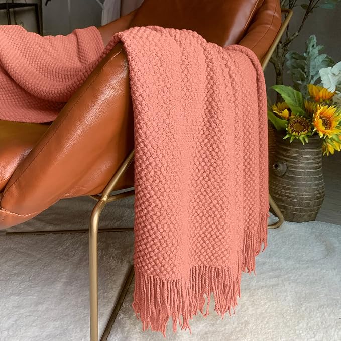 LOMAO Knitted Throw Blanket with Tassels Bubble Textured Lightweight Throws for Couch Cover Home Decor (Coral, 60x80)