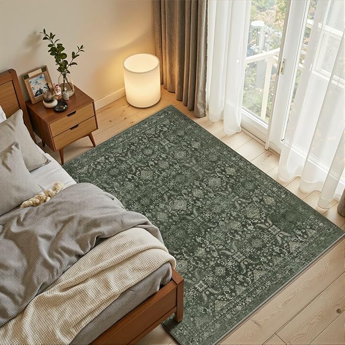 3x5 Rug for Entryway Bedroom, Green 3x5 Washable Area Rug, Vintage Retro Boho Throw Rug, Non Slip & Low Pile Small Carpet for Indoor Entry, Kitchen, Bedside, Living Room, Bathroom and Dining