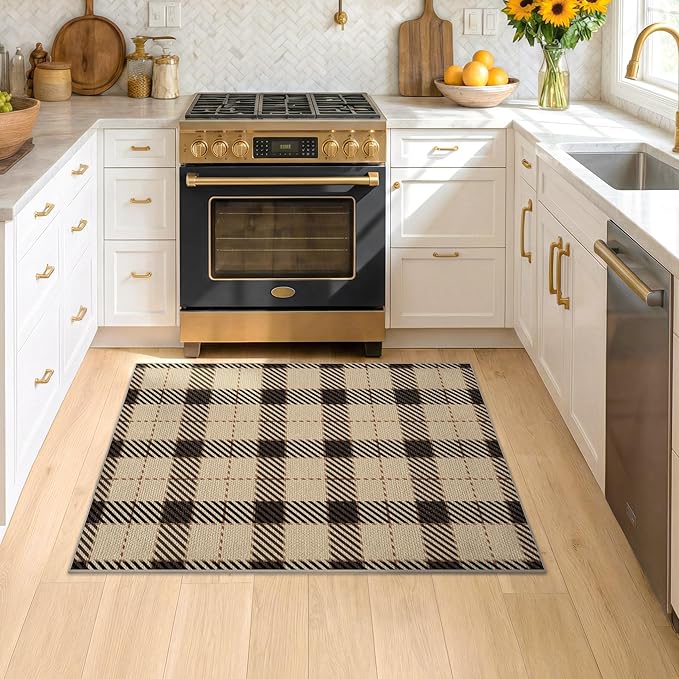 3x4 Jute Rugs for Entryway, Checkered Washable Entry Rug, Indoor Door Mat for Front Door, 3 x 4 Kitchen Mats for Floor, Non Slip Rubber Backing, Thin Modern Farmhouse Black and Brown Rattan Décor