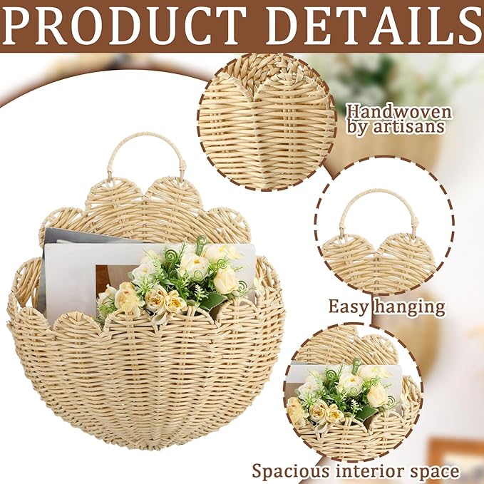 Domensi 4 Pcs Scalloped Wall Baskets Hanging Baskets 4 Different Sizes Large and Small Hand Woven Plastic Rattan Craft Original Storage Holder Scalloped Decor for Nursery Home House Bathroom
