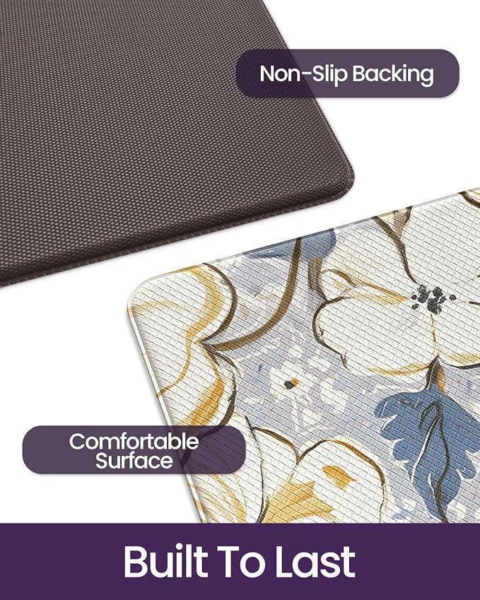 DEXI Kitchen Mats for Floor, 17x59, Cushioned Standing Mat Anti Fatigue, Waterproof Comfort Floral Padded for Laundry Room Office, Blue and Yellow