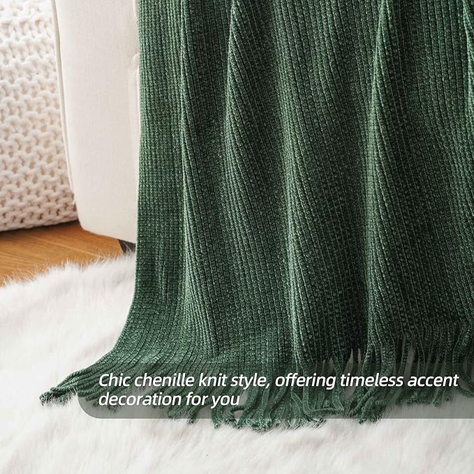BATTILO HOME Dark Green Throw Blanket for Couch, Soft Chenille Knit Throws with Tassels for Home Decor, Christmas Green Throws for Bed Couch Cover, 60"x80"
