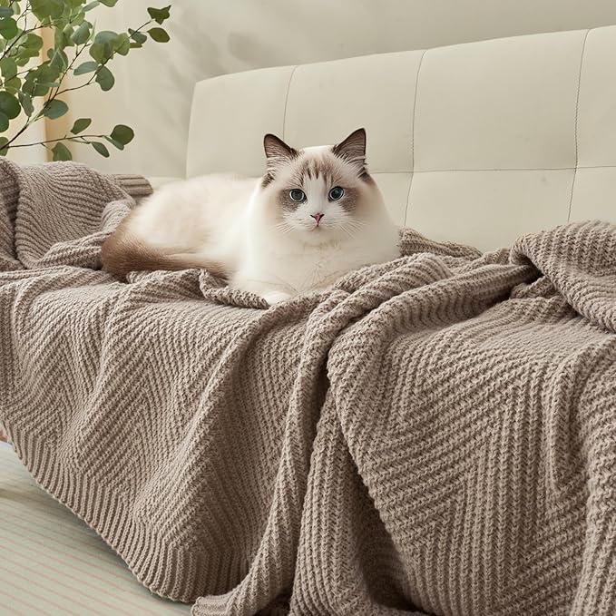 Knitted Throw Blanket 60"X80", Taupe Knit Throws for Bed, Super Soft Boho Chevron Blankets for Couch Sofa Chair Room Decor, Textured Decorative Farmhouse Cozy Lightweight