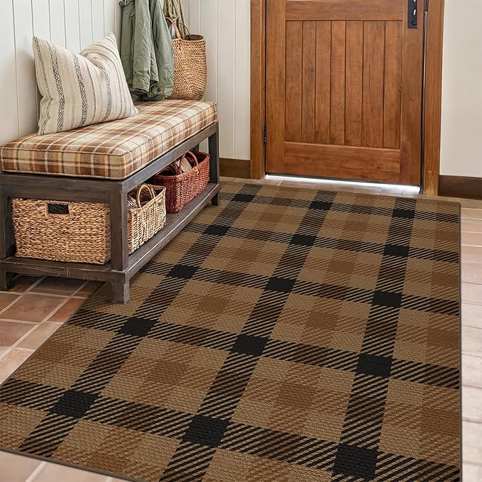 Brown and Black 4x6 Easy Jute Rug for Large Entryway - Neutral Dark Rug with Rubber Backing for Living Room, Checkered Decor for Entrance, Kitchen, Earthy & Coffee Rustic Accent