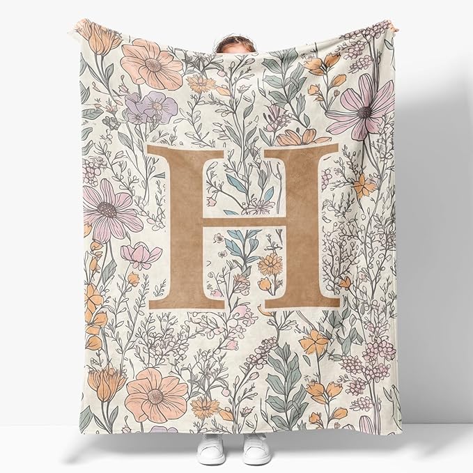 JXREQ Throw Blanket Initial Letter H Personalized Monogrammed Gifts for Women Teen Girls Frends, Boho Floral Throw Blankets for Bed Sofa Living Room Office, 50x60 Inch