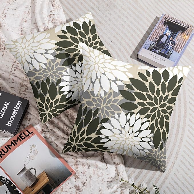 Olive Green White Grey Gray Pillow Covers 18X18 Inch Set of 2, Spring Modern Geometry Dahlia Floral Print Decorative Throw Pillow Covers Outdoor Farmhouse Cushion Case for Couch Sofa Bed Decor