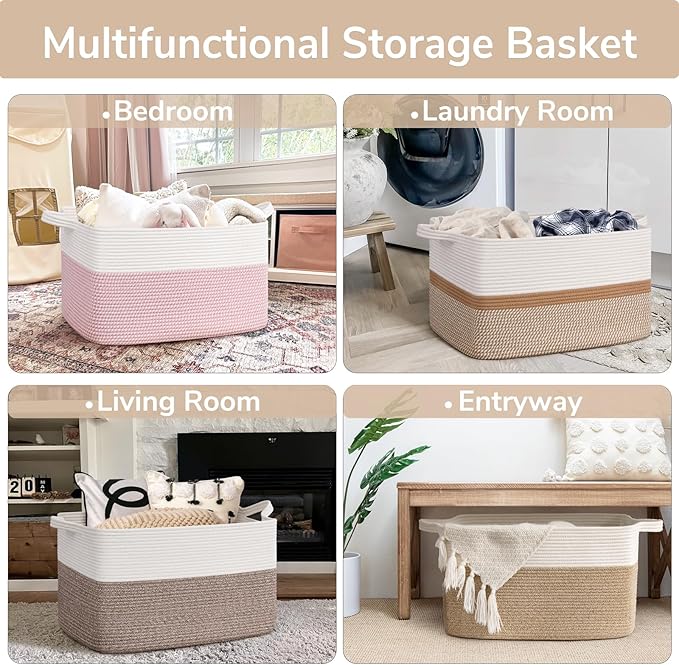 Goodpick Large Woven Blanket Basket 21.6" x 14.9" x 11.8" Storage Baskets for Organizing, Cotton Rope Basket for Home Decor Living Room Nursery, Toy Baskets Storage Kids, White & Camel Mix