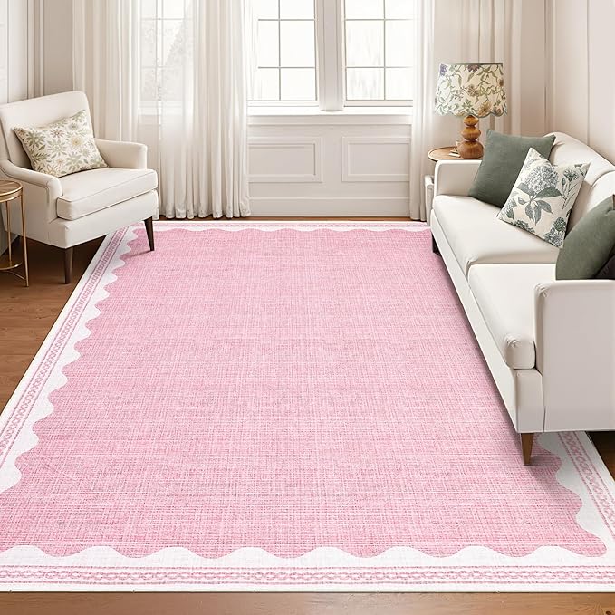 GarveeHome Scalloped Washable Rugs 9x12 Rug for Living Room Non-Slip Solid Pink Modern Minimalism 9 x 12 Rug Low-Pile Carpet for Bedroom Dining Nursery Mat with Rubber Back