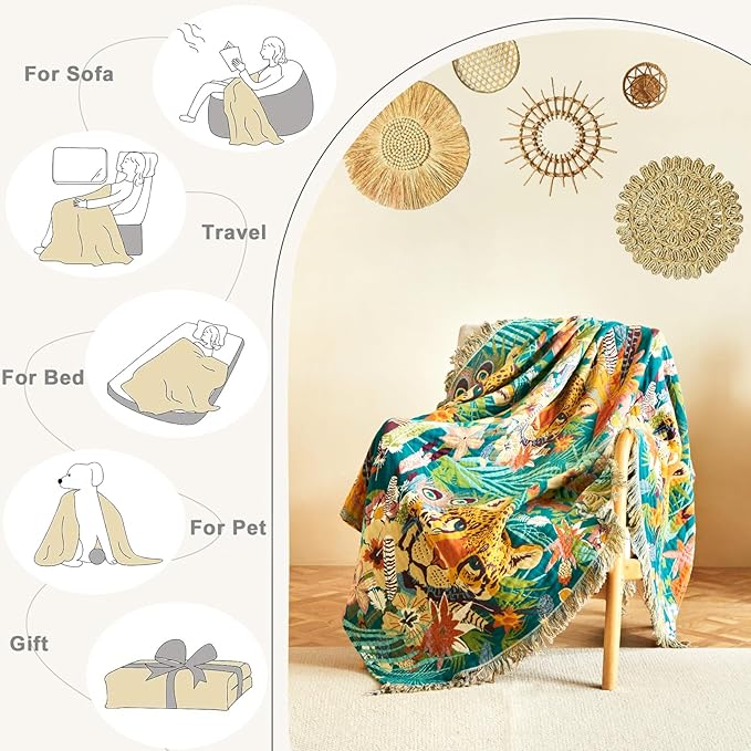 Throw Blanket for Couch Sofa Soft Cotton Spring Blankets for Bedroom Living Room All Season Reversible Leopard Embroidery Reversible Breathable Throws Whimsical Home Decor 50"x60"