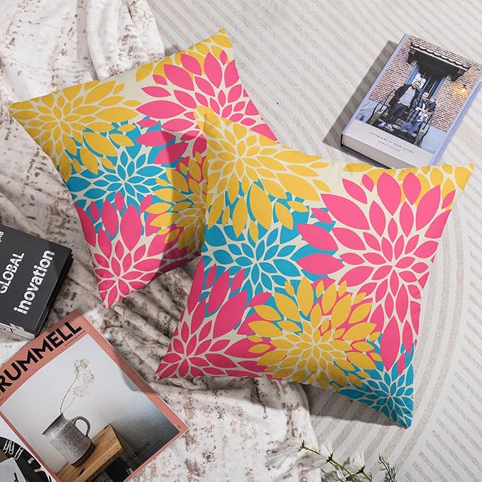 Summer Pillow Covers 16X16 Inch Set of 2, Hot Pink Blue Yellow Flowers Dahlia Floral Print Decorative Throw Pillow Covers Outdoor Farmhouse Cushion Case for Home Couch Sofa Bed Decoration