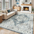 Lessymo 8x10 Vintage Medallion Rug for Living Room, Machine Washable Area Rugs for Bedroom Dining Room Under Table, Soft Low Pile Carpet with Non Slip Backing, Blue Grey/Beige