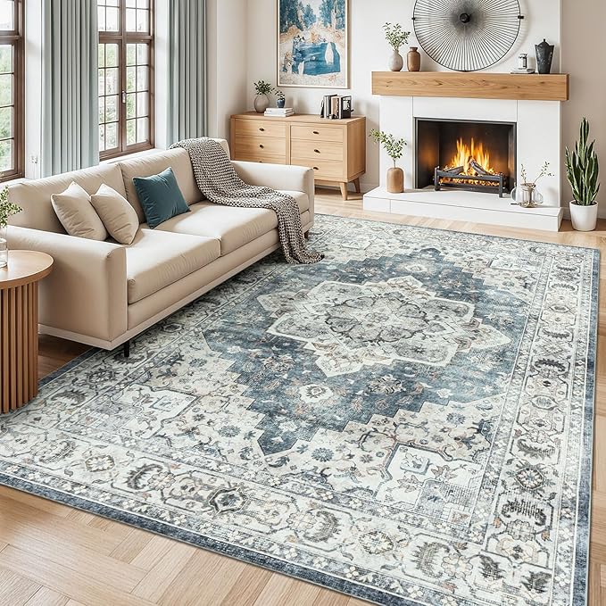 Lessymo 8x10 Vintage Medallion Rug for Living Room, Machine Washable Area Rugs for Bedroom Dining Room Under Table, Soft Low Pile Carpet with Non Slip Backing, Blue Grey/Beige