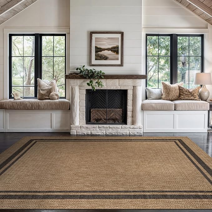 Beverly Rug Easy Jute Bordered Rug 9x12 Washable Large Indoor Outdoor Area Rugs for Living Dining Room Patio Office Stain Resistant Non Shedding Casual Indoor Outside Carpet 9 x 12 Natural