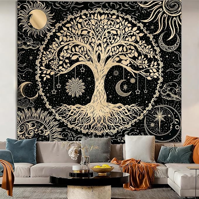 Avinyl Tree of Life Wall Tapestry for Bedroom, Sun and Moon Hippie Tapestries Aesthetic, Black and Gold Wall Hanging Home Decor for Dorm Living Room Office 60in x 79in