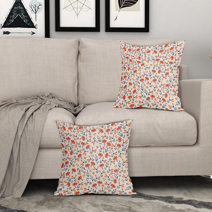 Navy Blue Orange Floral Pillow Covers 20x20 Set of 2 Vintage Rustic Old Style Cute Small Flower Print Decorative Outdoor Pillowcases Fall Farmhouse Throw Cushion Case Decor for Couch Sofa Bed