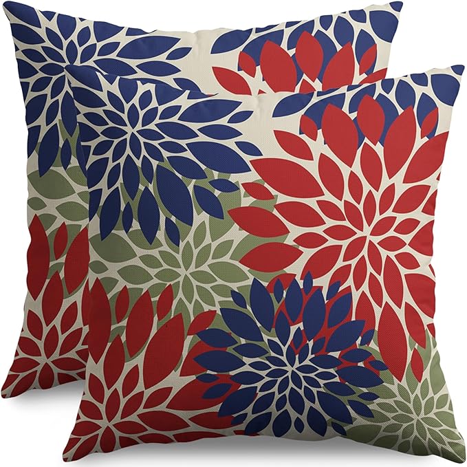 Blue Green Red Pillow Covers 22X22 Inch Set of 2, Modern Dahlia Floral Print Decorative Throw Pillow Covers Outdoor Farmhouse Cushion Case for Home Couch Sofa Bed Decoration