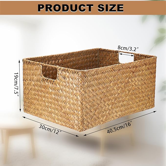 Hipiwe Seagrass Storage Baskets Bin for Shelf,X-Large Handwoven Wicker Baskets Built-in Handles Rectangular Closet Bedroom Organizer Box Multipurpose Pantry Basket,Caramel Color