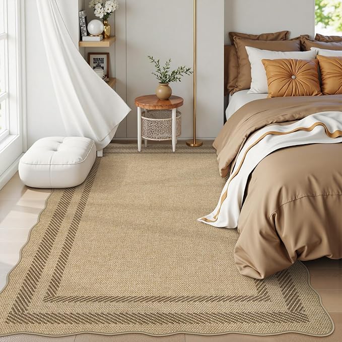 LIVEBOX Scalloped Washable 5x7 Rug, Easy Jute Tan Rugs for Living Room, Indoor Geometric Rug for Bedroom, Outdoor Farmhouse Non-Slip Rug Dining Room Mat Modern Carpet Area Rug for Patio Home Office