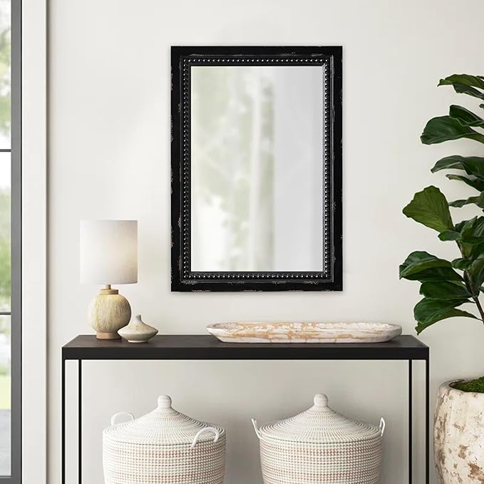 Rustic Black Mirror with Beaded Detailing 29 X 20 Inch, Wall Hanging Distressed Wood Frame Rectangular Gothic Wall-Mounted Mirrors for Living Room Bathroom Entryway, Horizontal or Vertical
