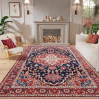 Amearea Vintage Design Area Rugs for Living Room, 4x6 Machine Washable Floral Collection Traditional Bedroom Rug, Low Pile Dinning Room Carpet, No Slip Office Kitchen Home Decor, Red and Blue