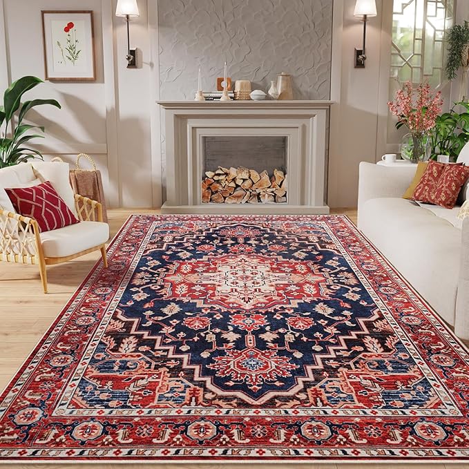 Amearea Vintage Design Area Rugs for Living Room, 4x6 Machine Washable Floral Collection Traditional Bedroom Rug, Low Pile Dinning Room Carpet, No Slip Office Kitchen Home Decor, Red and Blue
