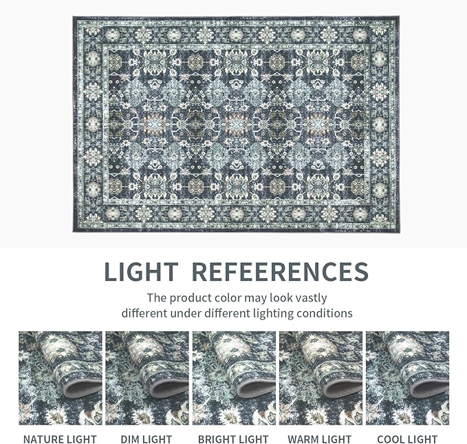 Washable 5×7 Area Rug for Living Room, Vintage Floral Rug Soft Non Slip Stain Resistant Boho Carpet for Indoor Bedroom Dinning Room Home Office Blue/Navy
