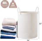 80L White Woven Hamper Laundry Basket Cotton Rope Blanket Basket for Living Room Tall Clothes Hamper for Baby Nursery Kids in Bedroom Extra Large 16"L x 16"W x 22"H