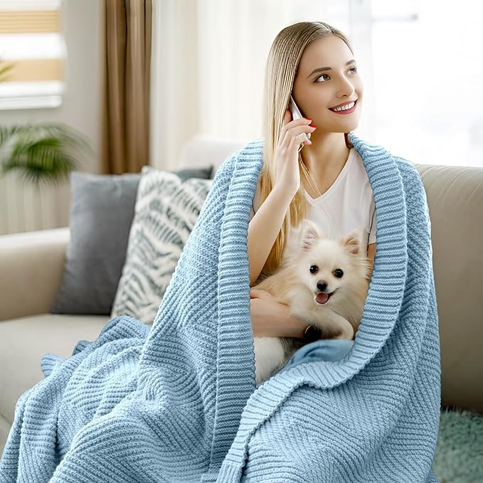 Knitted Throw Blanket 50"X60", Light Blue Knit Throws for Bed, Super Soft Boho Chevron Blankets for Couch Sofa Chair Room Decor, Textured Decorative Farmhouse Cozy Lightweight