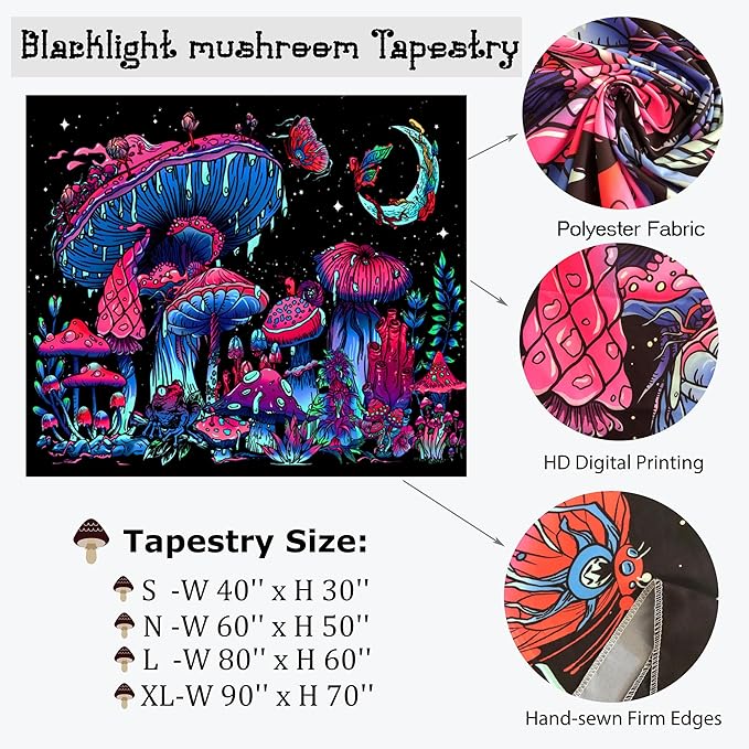 TUGCAY Blacklight Mushroom Tapestry, Glow In The Dark Black Light Plant Tapestry Fantasy UV Reactive Mushroom Butterfly Moon Tapestries Posters Wall Hanging for Bedroom Dorm Decor(30"x40")