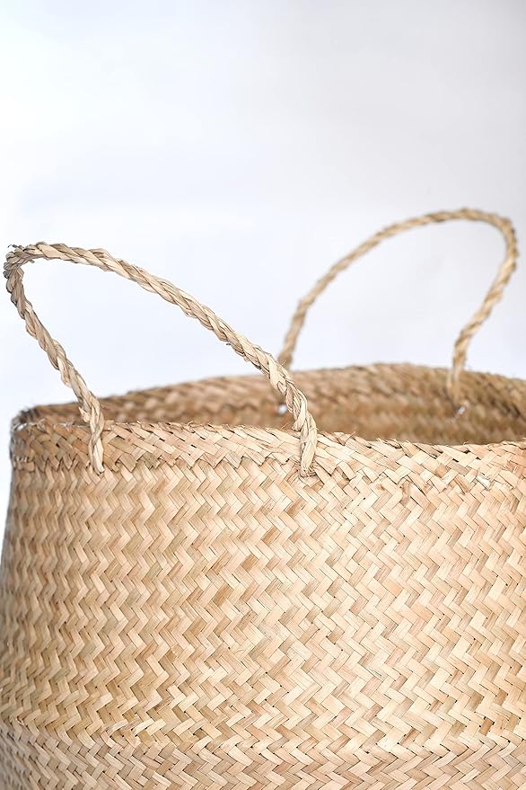 Seagrass Belly Basket (Size: 14x14x13 inches, Color: Yellow Natural - Set of 2) Laundry, Picnic - Plant Pots Cover Indoor Home Decor - Hand Woven Straw Beach Bag with Handles…