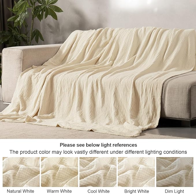 PHF 100% Cotton Muslin Throw Blanket 50" x 60", 4-Layer Lightweight Gauze Throw, Breathable Cloud-Soft Minimalist Blanket for Bed, Couch, Camping & Baby, Beige/Short Bread, Ideal Gift