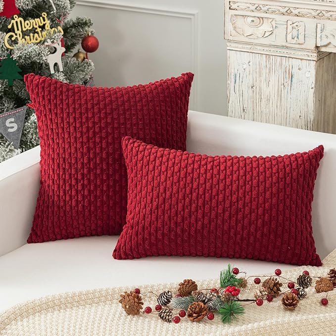Kevin Textile Valentines 12x24 Inch Pillow Cover 1 Pack Boho Decorative Soft Striped Corduroy Lumbar Farmhouse Color Accent Rectangle Cushion Case for Living Room Couch Sofa Bed, Burgundy
