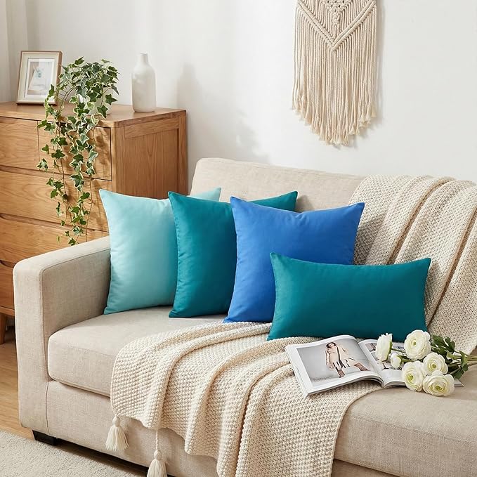 Thmyo 4-Pack 100% Cotton Lumbar Comfortable Solid Decorative Throw Pillow Case, Rectangle Cushion Cover Pillowcase Sublimation Blank Pillow Covers DIY Throw Pillowcase(12x20inch/30x50cm, Lake Blue)