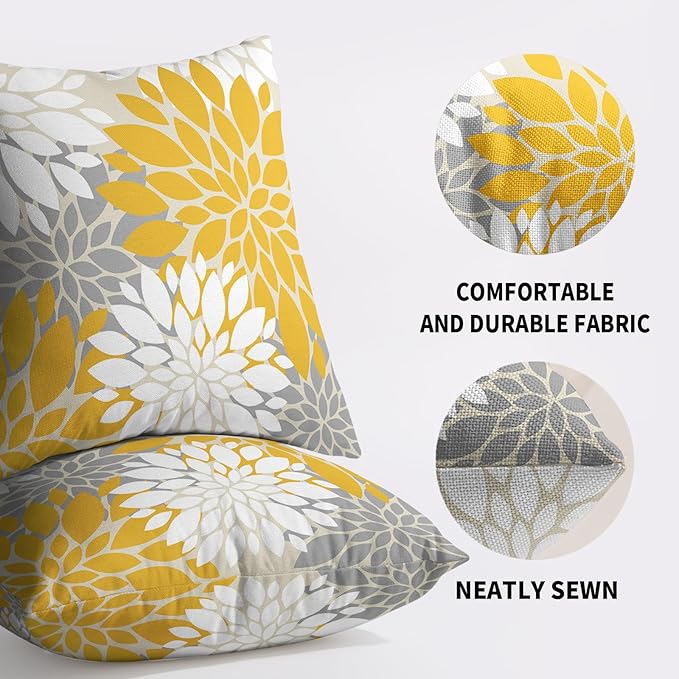 Yellow White Grey Gray Pillow Covers 18X18 Inch Set of 2, Modern Geometry Dahlia Floral Print Decorative Throw Pillow Covers Outdoor Farmhouse Cushion Case for Home Couch Sofa Bed Decoration