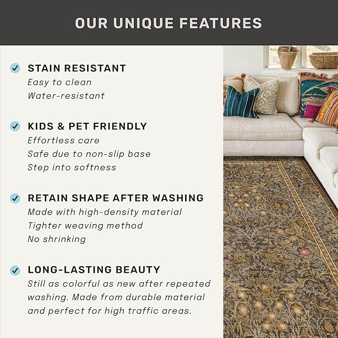 Non Slip 2x10 Gold Brown Hallway Runner - 10ft Long Runner Rugs, Washable Kitchen Floor Mat - Vintage Floral Design Décor